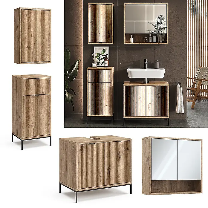 Vicco Badmöbel-Set Eliza Viking Oak 4 Teile - Gesamtbreite Badmöbel: 110 cm, Viking Oak, Matt - Modernes Badezimmermöbel-Set aus Holz mit geriffelten Fronten und schwarzen Akzenten, bestehend aus Wand-, Hochschrank und Waschtischunterschrank.