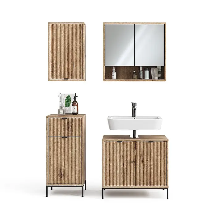 Vicco Badmöbel-Set Eliza Viking Oak 4 Teile - Gesamtbreite Badmöbel: 110 cm, Viking Oak, Matt - Badezimmermöbel-Set aus hellem Holz mit Riffelstruktur, bestehend aus Wandschrank, Spiegelschrank, Hochschrank und Waschtisch mit weißem Waschbecken.