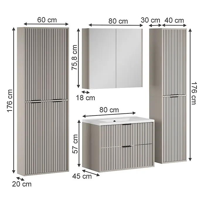 Vicco Badmöbel-Set Ruford Cashmere 5 Teile - Cashmere, Matt - Modernes Badmöbelset in hellem Taupe mit Lamellendetails: zwei Hochschränke, Waschtisch mit Waschbecken und ein grauer Wandschrank.