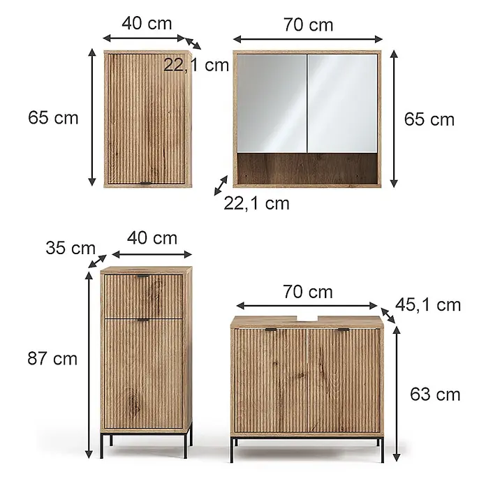 Vicco Badmöbel-Set Eliza Viking Oak 4 Teile - Gesamtbreite Badmöbel: 110 cm, Viking Oak, Matt - Helles Badmöbel-Set in Holzoptik mit gerippten Fronten und schwarzen Akzenten, inkl. Wand-, Spiegel- und Bodenschränken. Maße angegeben.