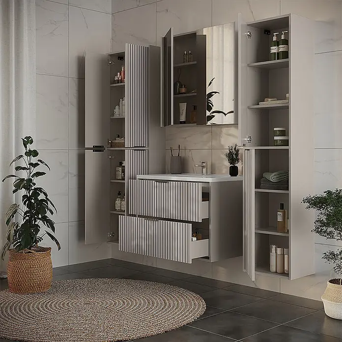 Vicco Badmöbel-Set Ruford Cashmere 5 Teile - Cashmere, Matt - Helles Badezimmermöbelset in Grau mit gestreiften Fronten, integriertem Waschbecken und Hochschränken.