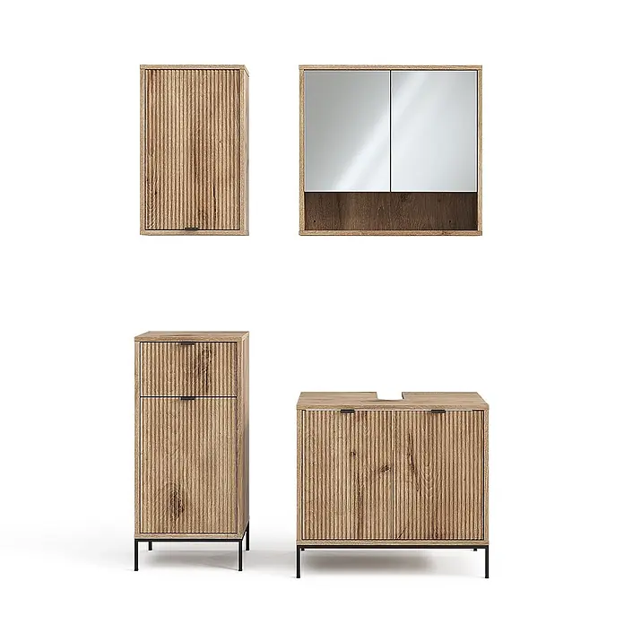 Vicco Badmöbel-Set Eliza Viking Oak 4 Teile - Gesamtbreite Badmöbel: 110 cm, Viking Oak, Matt - Set aus gerippten Badmöbeln aus hellem Holz: Wandschrank, Spiegelschrank, Hochschrank und Waschtischunterschrank mit schwarzen Griffen/Beinen.