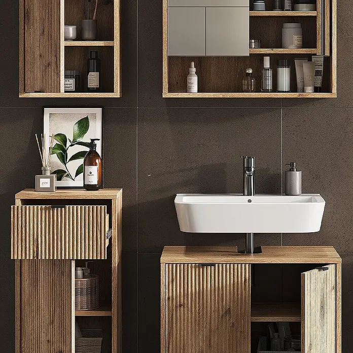 Vicco Badmöbel-Set Eliza Viking Oak 4 Teile - Gesamtbreite Badmöbel: 110 cm, Viking Oak, Matt - Badmöbel aus Holz mit gerippter Textur und ein weißes rechteckiges Waschbecken in modernem Badezimmerambiente.