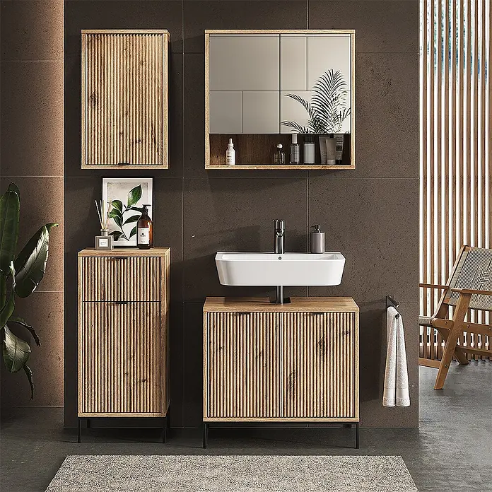 Vicco Badmöbel-Set Eliza Viking Oak 4 Teile - Gesamtbreite Badmöbel: 110 cm, Viking Oak, Matt - Badezimmermöbel-Set aus Naturholz mit geriffeltem Design, inkl. Wand-, Spiegel- und Waschtischschrank im modernen Bad.