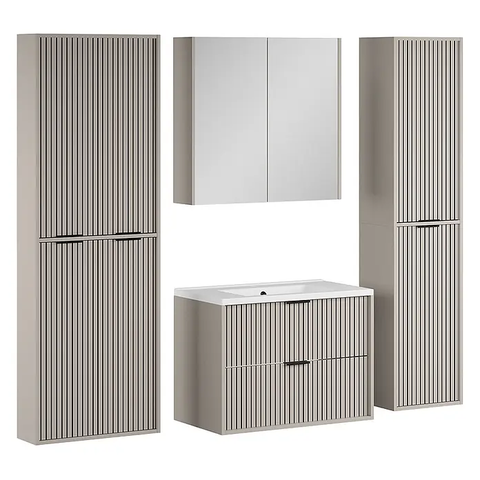 Vicco Badmöbel-Set Ruford Cashmere 5 Teile - Cashmere, Matt - Modernes Badmöbel-Set: zwei hohe Lamellenschränke, ein weißer Spiegelschrank und ein passender Waschtisch mit integriertem Waschbecken.
