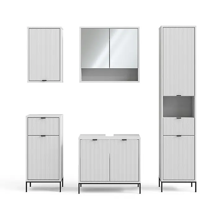 Vicco Badmöbel-Set Eliza Weiß 5 Teile - Gesamtbreite Badmöbel: 150 cm, Weiß, Matt - Weißes geriffeltes Badmöbel-Set mit verschiedenen Schränken, einer mit Spiegeltüren.