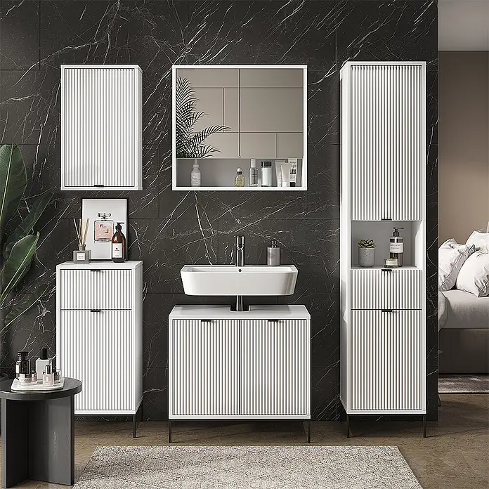 Vicco Badmöbel-Set Eliza Weiß 5 Teile - Gesamtbreite Badmöbel: 150 cm, Weiß, Matt - Modernes weißes geriffeltes Badmöbel-Set mit Waschtisch, Spiegel, Wandschrank und Hochschränken.