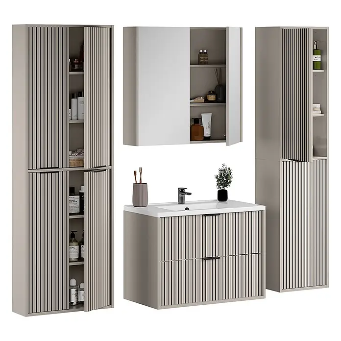 Vicco Badmöbel-Set Ruford Cashmere 5 Teile - Cashmere, Matt - Beiges Badezimmermöbel-Set mit Lamellenfronten: zwei Hochschränke, ein Waschtisch mit Waschbecken und ein Spiegelschrank.