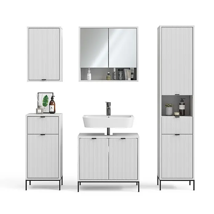 Vicco Badmöbel-Set Eliza Weiß 5 Teile - Gesamtbreite Badmöbel: 150 cm, Weiß, Matt - Weißes geripptes Badmöbelset: Wandschrank, Spiegelschrank, Waschtisch mit Waschbecken, Hochschrank und Beistellschrank mit schwarzen Akzenten.