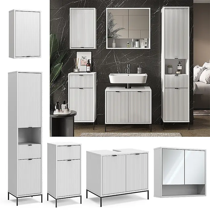 Vicco Badmöbel-Set Eliza Weiß 5 Teile - Gesamtbreite Badmöbel: 150 cm, Weiß, Matt - Kollektion weißer Badschränke mit geriffelten Türen und schwarzen Beinen, darunter Waschtisch, Hochschrank und Wandschrank.