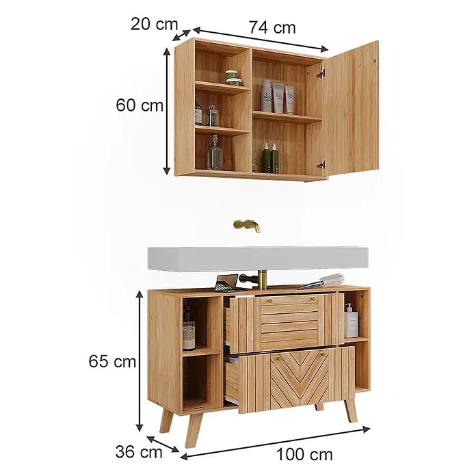 Vicco Badmöbel-Set Lucie Bambus 2 Teile - Bambus, Matt - Badezimmerschrank-Set aus hellem Holz: Hängeschrank mit Regalen und Waschtischunterschrank mit Spüle, Schubladen und offenen Fächern.