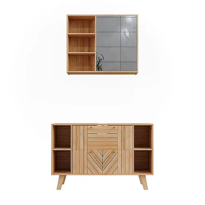 Vicco Badmöbel-Set Lucie Bambus 2 Teile - Bambus, Matt - Modulares Schrankset aus hellem Holz mit offenen Regalen, grauer Schiebetür und Chevron-Muster-Türen.