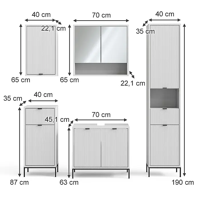 Vicco Badmöbel-Set Eliza Weiß 5 Teile - Gesamtbreite Badmöbel: 150 cm, Weiß, Matt - Set aus fünf weißen Badmöbeln mit geriffelten Fronten und schwarzen Akzenten: Wandschrank, Spiegelschrank, Waschtischunterschrank und zwei Hochschränke.