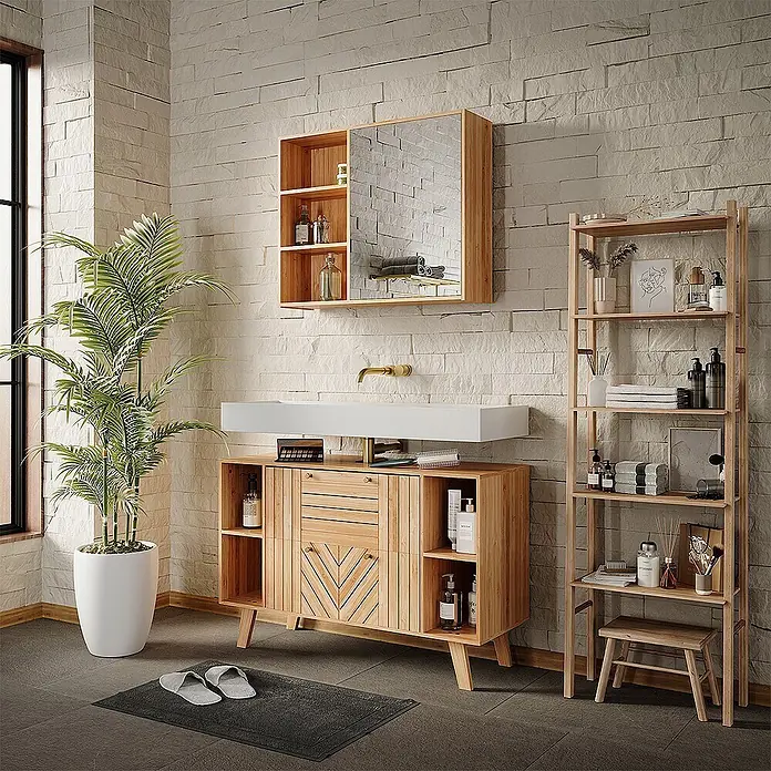 Vicco Badmöbel-Set Lucie Bambus 2 Teile - Bambus, Matt - Ein komplettes Badezimmermöbel-Set aus hellem Holz mit Waschtisch, weißem Waschbecken, Spiegelschrank und hohem Regal.