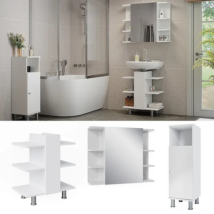 Vicco Badmöbel-Set Fynn Weiß 3 Teile, mit Midischrank - Gesamtbreite Badmöbel: 90 cm, Weiß, Matt - Weißes modernes Badmöbel-Set mit Waschtisch, Spiegelschrank und Hochschrank.
