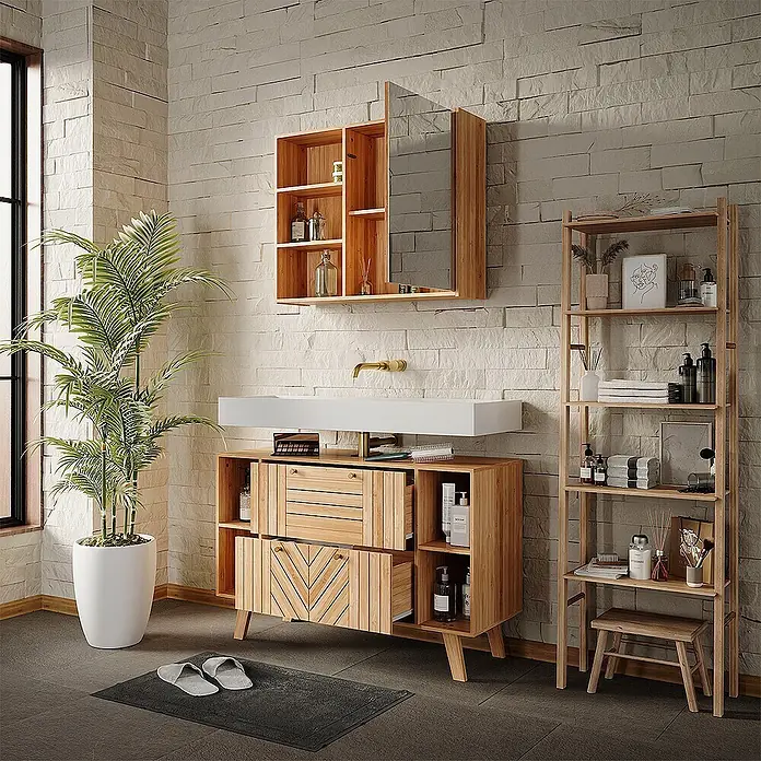 Vicco Badmöbel-Set Lucie Bambus 2 Teile - Bambus, Matt - Helles Holz-Badmöbel-Set mit Waschbecken, passendem Spiegelschrank und hohem Regal in einem modernen Badezimmer.