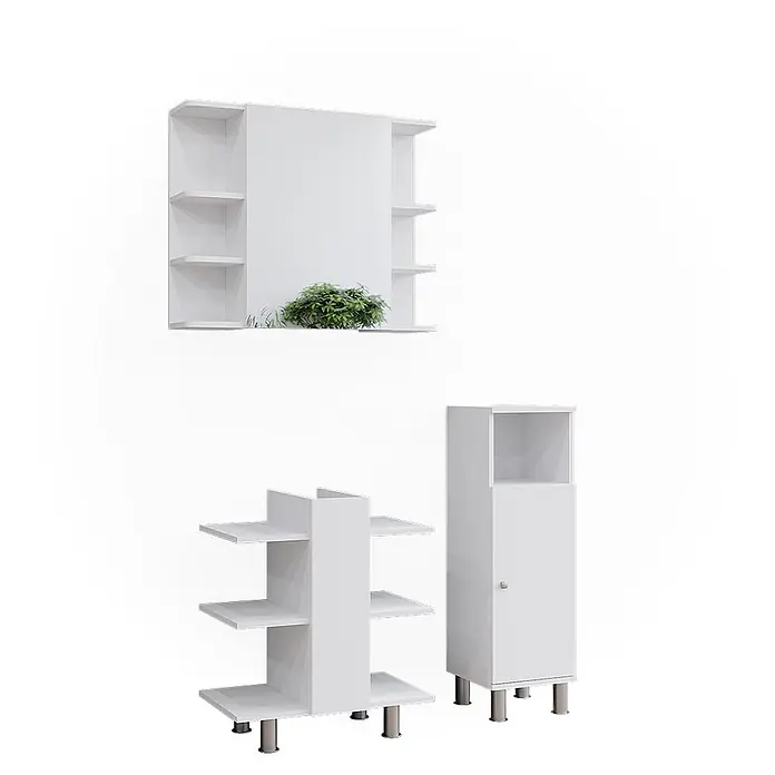 Vicco Badmöbel-Set Fynn Weiß 3 Teile, mit Midischrank - Gesamtbreite Badmöbel: 90 cm, Weiß, Matt - Ein Set aus drei weißen modularen Möbelstücken: ein Wandregal mit Paneel, ein offenes Regal und ein Hochschrank.