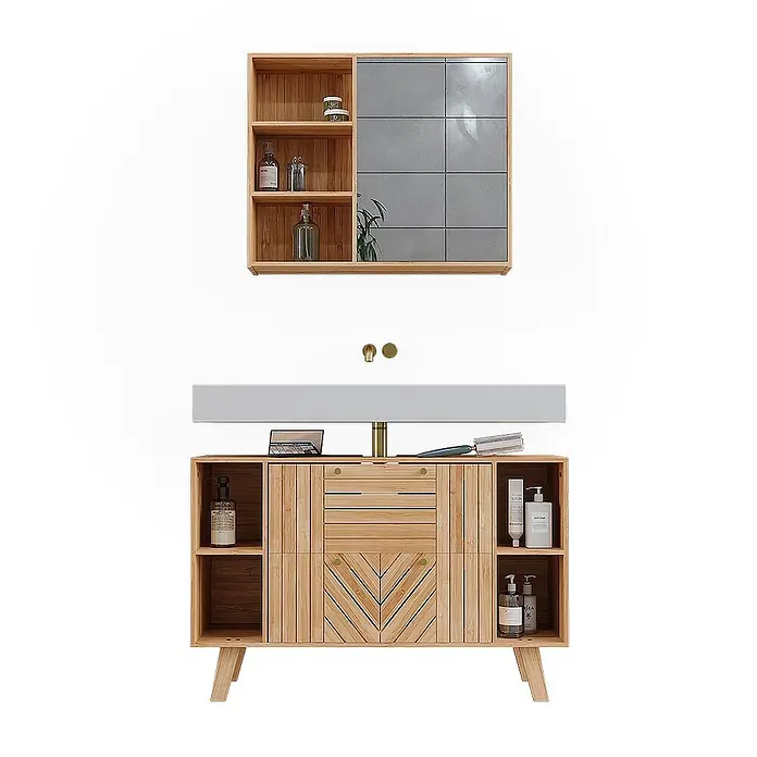 Vicco Badmöbel-Set Lucie Bambus 2 Teile - Bambus, Matt - Moderner Waschtisch aus Holz mit weißem Waschbecken und Messingarmatur, ergänzt durch einen passenden Hängeschrank mit offenen Fächern und grauen Spiegelplatten.