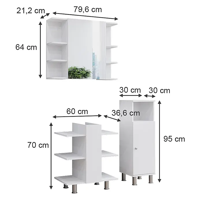 Vicco Badmöbel-Set Fynn Weiß 3 Teile, mit Midischrank - Gesamtbreite Badmöbel: 90 cm, Weiß, Matt - Weißes Badmöbel-Set mit Spiegelschrank, offenem Regal und Hochschrank, bemaßt.