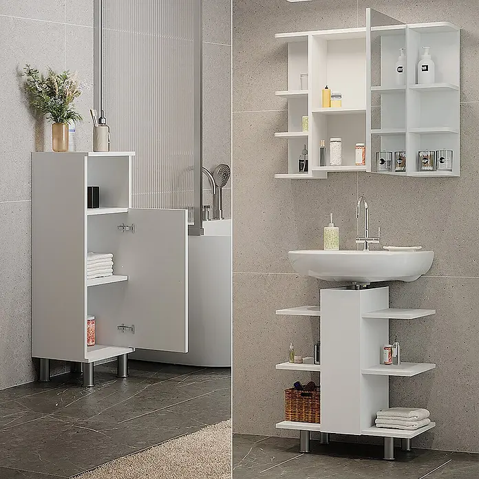 Vicco Badmöbel-Set Fynn Weiß 3 Teile, mit Midischrank - Gesamtbreite Badmöbel: 90 cm, Weiß, Matt - Modernes weißes Badezimmermöbel-Set: Bodenschrank, Wandregale und Waschtischunterschrank mit offenen Fächern im Bad.