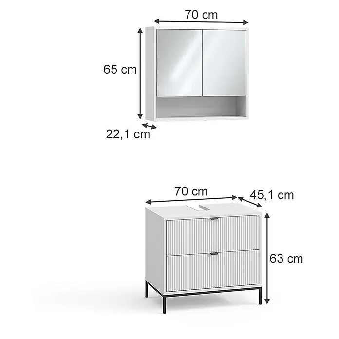 Vicco Badmöbel-Set Eliza Weiß 2 Teile - Weiß, Matt - Weißer Wandschrank mit Spiegeltüren und offenem Regal, und passender weißer Waschtischunterschrank mit zwei strukturierten Schubladen und schwarzen Beinen.