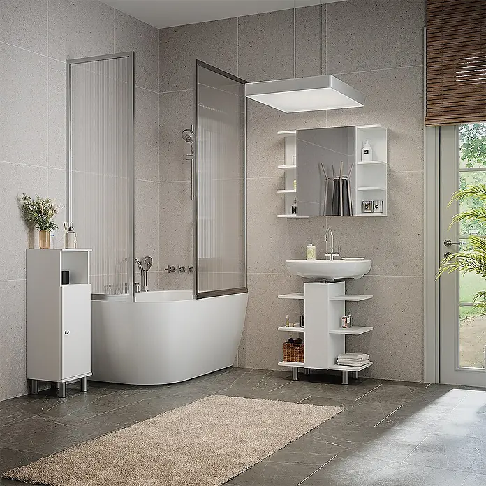 Vicco Badmöbel-Set Fynn Weiß 3 Teile, mit Midischrank - Gesamtbreite Badmöbel: 90 cm, Weiß, Matt - Modernes weißes Badezimmermöbel-Set mit Badewanne, Waschtisch, Spiegelschrank und Aufbewahrungsschrank für ein zeitgemäßes Bad.