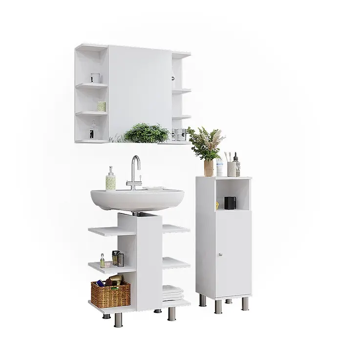 Vicco Badmöbel-Set Fynn Weiß 3 Teile, mit Midischrank - Gesamtbreite Badmöbel: 90 cm, Weiß, Matt - Weißes Badmöbel-Set mit Waschbecken, Spiegelschrank und hohem Beistellschrank.