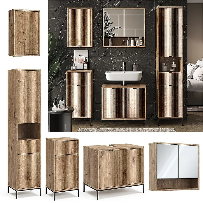 Vicco Badmöbel-Set Eliza Viking Oak 5 Teile - Gesamtbreite Badmöbel: 150 cm, Viking Oak, Matt - Geripptes Badmöbel-Set aus Holz mit dunklen Metallakzenten, inklusive Schränken, Waschtisch und Spiegelschrank.