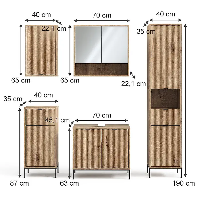 Vicco Badmöbel-Set Eliza Viking Oak 5 Teile - Gesamtbreite Badmöbel: 150 cm, Viking Oak, Matt - Set geriffelter Badmöbel in heller Holzoptik, inkl. Spiegelschrank, Hochschrank und Waschtischunterschrank.