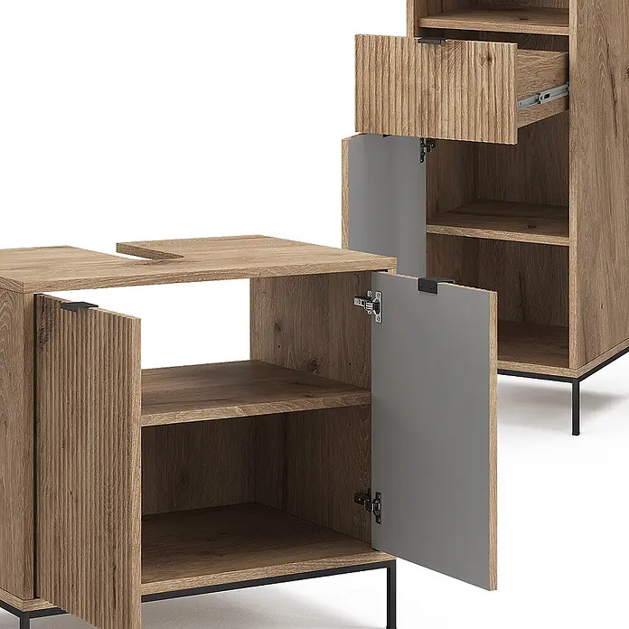 Vicco Badmöbel-Set Eliza Viking Oak 5 Teile - Gesamtbreite Badmöbel: 150 cm, Viking Oak, Matt - Paar Holzschränke mit gerippten Paneelen, innen grauen Türen, Regalen, Schublade und schwarzen Beinen. Einer mit Arbeitsplattenaussparung.