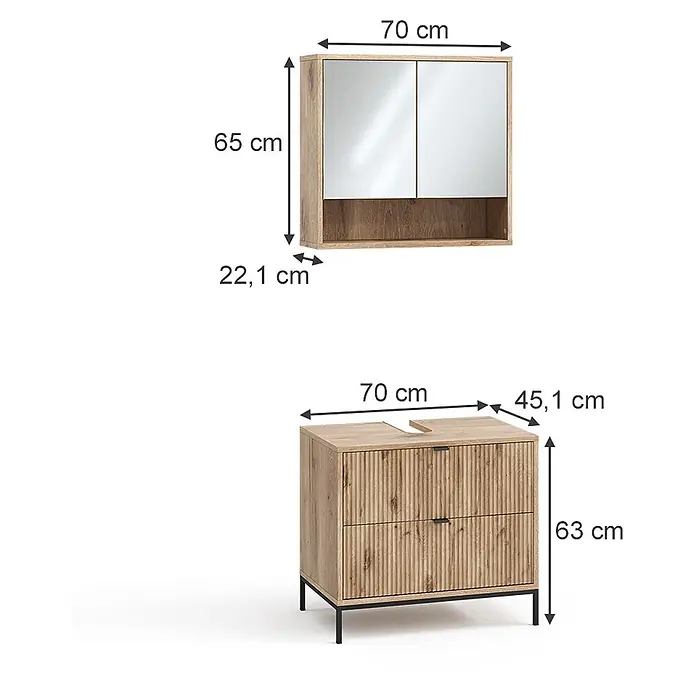 Vicco Badmöbel-Set Eliza Viking Oak 2 Teile - Viking Oak, Matt - Badezimmerset aus hellem Holz: 70x65x22.1 cm Spiegelschrank und 70x63x45.1 cm gerillter Waschtischunterschrank mit Metallbeinen.