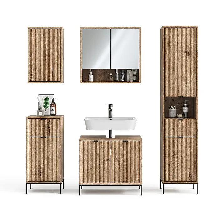 Vicco Badmöbel-Set Eliza Viking Oak 5 Teile - Gesamtbreite Badmöbel: 150 cm, Viking Oak, Matt - Geripptes helles Badezimmermöbel-Set aus Holz: Waschtisch mit Waschbecken, Wandschränke und Hochschränke mit schwarzen Metallbeinen.