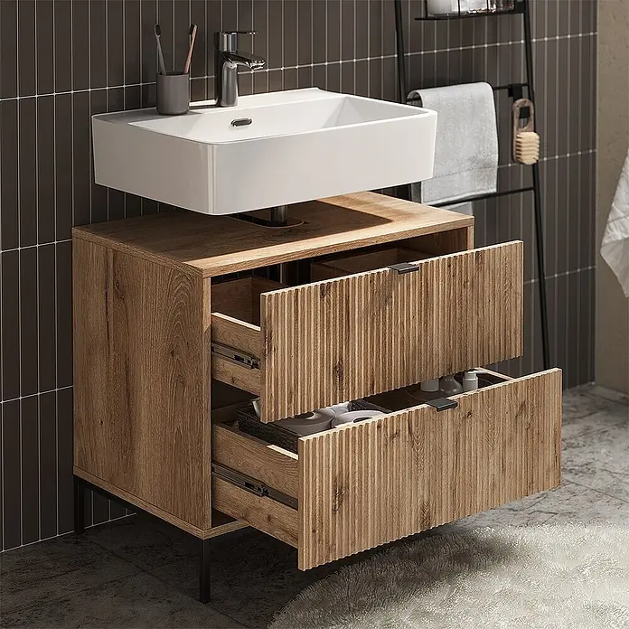 Vicco Badmöbel-Set Eliza Viking Oak 2 Teile - Viking Oak, Matt - Moderner Badwaschtisch mit weißem Rechteckbecken und hellem Holzschrank, zwei gerillte Schubladen offenbaren Stauraum.