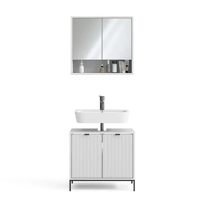 Vicco Badmöbel-Set Eliza Weiß 2 Teile - Gesamtbreite Badmöbel: 70 cm, Weiß, Matt - Weißes Badmöbel-Set mit Spiegelschrank, offener Ablage und Waschtischunterschrank mit geriffelten Türen.