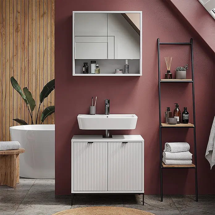 Vicco Badmöbel-Set Eliza Weiß 2 Teile - Gesamtbreite Badmöbel: 70 cm, Weiß, Matt - Weißer geriffelter Waschtischunterschrank mit integriertem Waschbecken in einem modernen Bad.