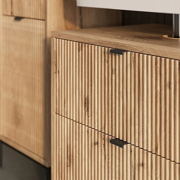 Vicco Badmöbel-Set Eliza Viking Oak 2 Teile - Viking Oak, Matt - Helles Holzmöbel mit geriffelter Textur und schwarzen Griffen.