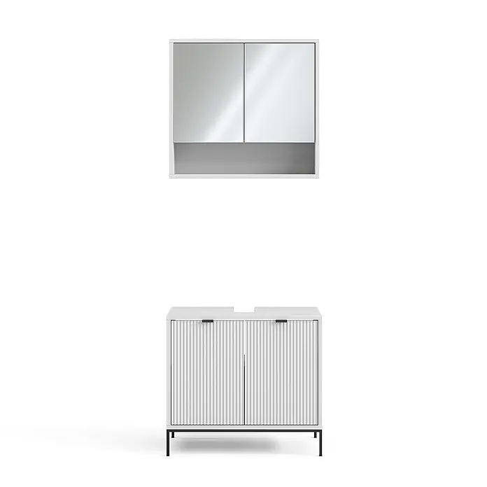 Vicco Badmöbel-Set Eliza Weiß 2 Teile - Gesamtbreite Badmöbel: 70 cm, Weiß, Matt - Weißer Badunterschrank mit geriffelten Türen, schwarzen Griffen und Metallrahmen, dazu passender Spiegelschrank mit offenem Fach.