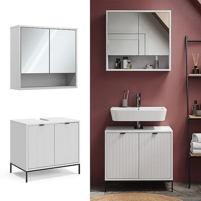 Vicco Badmöbel-Set Eliza Weiß 2 Teile - Gesamtbreite Badmöbel: 70 cm, Weiß, Matt - Weißes Badmöbel-Set mit Spiegelschrank und Unterschrank mit geriffelten Türen und schwarzen Beinen, in modernem Bad.