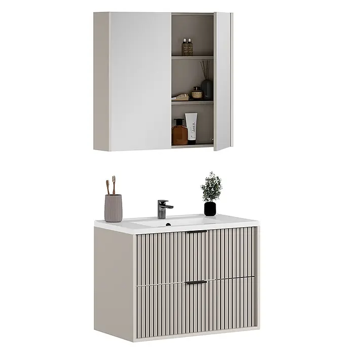 Vicco Badmöbel-Set Ruford Cashmere 3 Teile - Cashmere, Matt - Wandhängender Badezimmerschrank mit offenen Regalen und Waschtischunterschrank mit integriertem Waschbecken und zwei geriffelten Schubladen in Hellbeige.