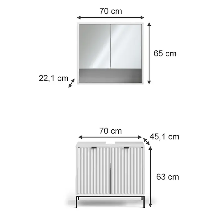 Vicco Badmöbel-Set Eliza Weiß 2 Teile - Gesamtbreite Badmöbel: 70 cm, Weiß, Matt - Weißes Badezimmermöbel-Set: Spiegelschrank (70x65x22.1 cm) und Waschtischunterschrank (70x63x45.1 cm), mit Maßen.