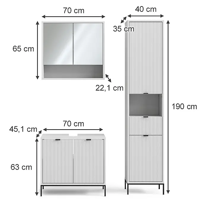 Vicco Badmöbel-Set Eliza Weiß 3 Teile, mit Hochschrank - Gesamtbreite Badmöbel: 110 cm, Weiß, Matt - Weißes Badmöbel-Set mit geriffelten Fronten, bestehend aus Spiegelschrank, Waschbeckenunterschrank und hohem Stauraumschrank.