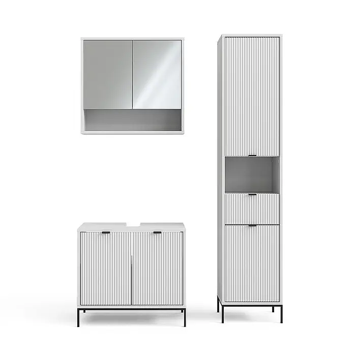 Vicco Badmöbel-Set Eliza Weiß 3 Teile, mit Hochschrank - Gesamtbreite Badmöbel: 110 cm, Weiß, Matt - Weißes geriffeltes Badmöbel-Set: Spiegelschrank, Waschtischunterschrank und hoher Stauraumschrank mit schwarzen Griffen und Beinen.