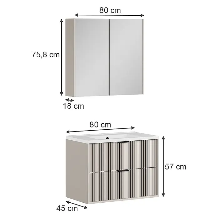 Vicco Badmöbel-Set Ruford Cashmere 3 Teile - Cashmere, Matt - Hellgraues/beiges Hängeschrank und Waschtischunterschrank für Bäder, beide 80 cm breit. Der Unterschrank hat ein Waschbecken und Lamellenschubladen.