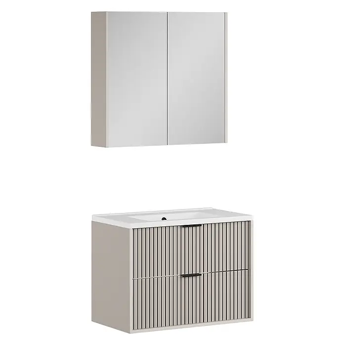 Vicco Badmöbel-Set Ruford Cashmere 3 Teile - Cashmere, Matt - Helles beiges Badmöbelset: Waschtischunterschrank mit Lamellenfront und Spülbecken, dazu passender Hängeschrank.