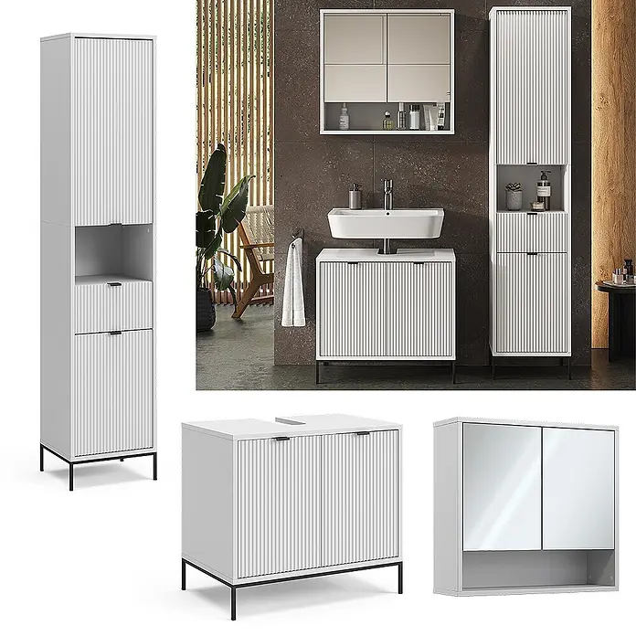 Vicco Badmöbel-Set Eliza Weiß 3 Teile, mit Hochschrank - Gesamtbreite Badmöbel: 110 cm, Weiß, Matt - Weißes geripptes Badmöbel-Set mit schwarzen Akzenten, bestehend aus Hochschrank, Waschtischunterschrank und Spiegelschrank.