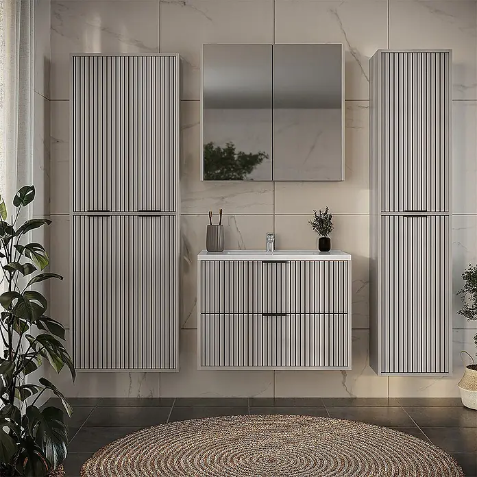 Vicco Badmöbel-Set Ruford Cashmere 3 Teile - Cashmere, Matt - Modernes Badezimmermöbel-Set mit hellen Lamellenschränken, Waschbecken und Spiegelschrank.