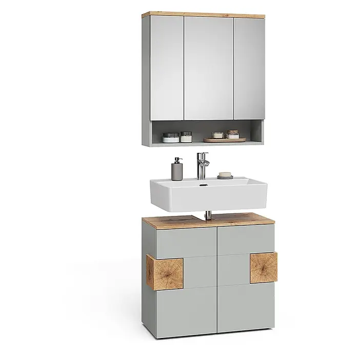 Vicco Badmöbel-Set Eden Grau 2 Teile - Grau, Matt - Modernes Badmöbelset in Grau-Holz mit Spiegelschrank, weißem Waschbecken und Unterschrank mit Holzblock-Details.