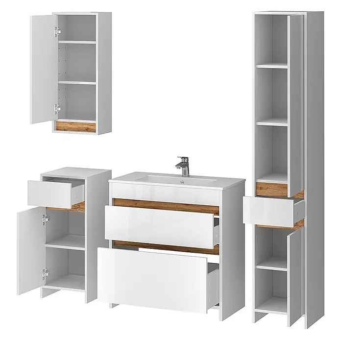 Vicco Badmöbel-Set Detmold Weiß Hochglanz/Goldkraft Eiche 5er-Set - Gesamtbreite Badmöbel: 149,8 cm, Weiß Hochglanz, Glänzend - Modulares Badmöbelset in Weißglanz mit Holzoptik-Akzenten, bestehend aus Waschtischunterschrank, Hänge-, Boden- und Hochschrank, teilweise offen.