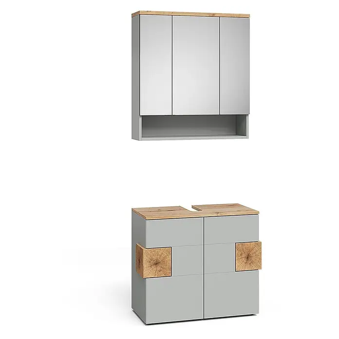 Vicco Badmöbel-Set Eden Grau 2 Teile - Grau, Matt - Hellgraue Badmöbelgarnitur mit Holzplatten und Akzenten, bestehend aus Spiegelschrank und Waschbeckenunterschrank.