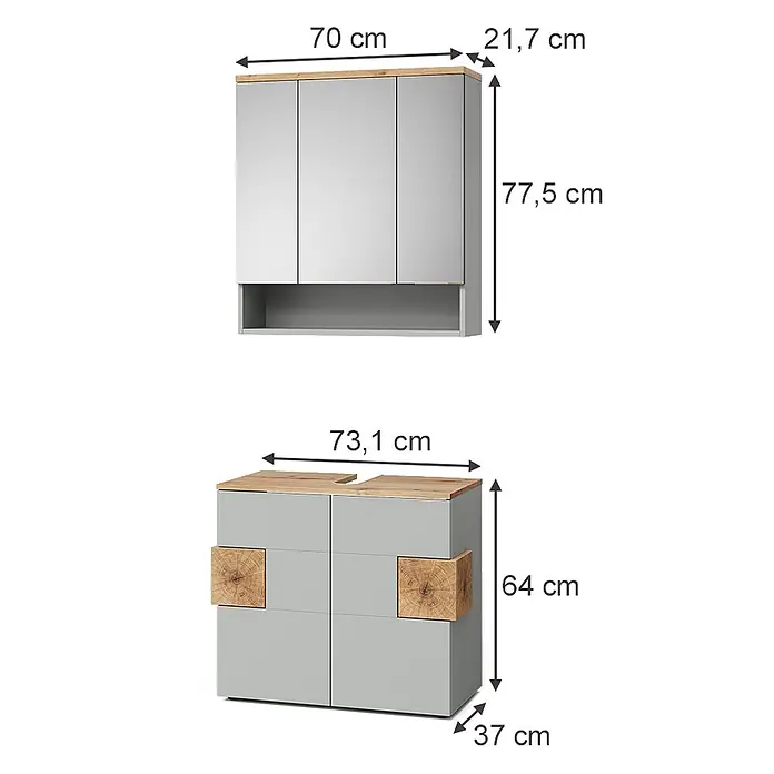 Vicco Badmöbel-Set Eden Grau 2 Teile - Grau, Matt - Grauer Spiegelschrank mit Holzdach und drei Spiegeltüren, kombiniert mit passendem Waschtischunterschrank mit Holzdach und Holzgriffen.